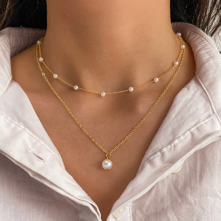 Bijuterii de modă pentru femei Pandantiv de perle pentru femei Colier cu două straturi de aur Colier de perle de aur pentru femei