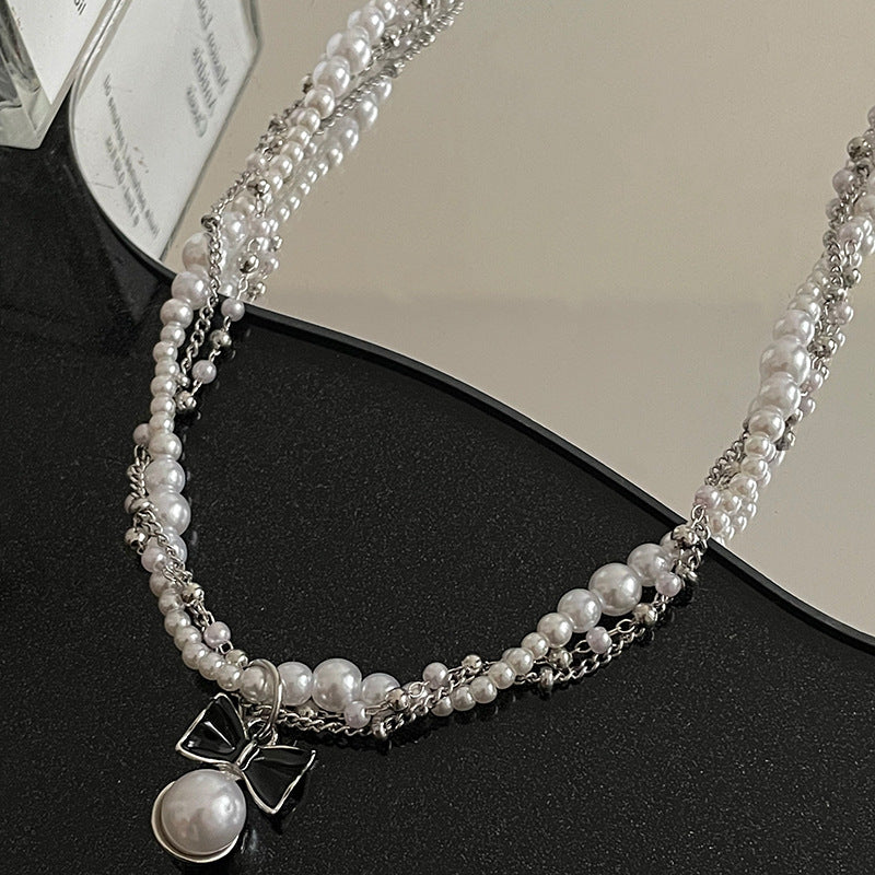 Bow Stitching Pearl Double-Layer Winding Halsband Kvinnlig specialintresse Ljus lyx Y2G Hot Girl Sweet Cool Clavicle Chain Ornament