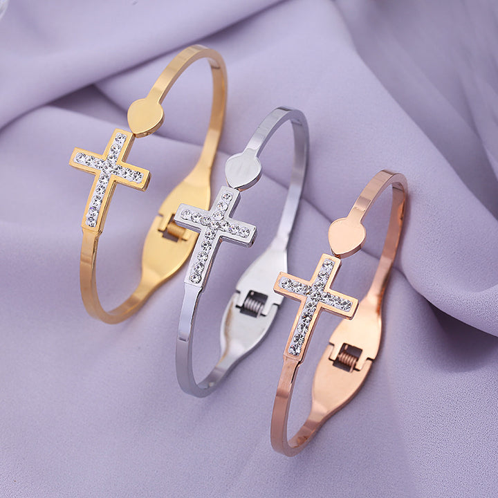 Dames Creative Double Layer Cross Diamond Loving Heart met openingsroestvrijstalen armband