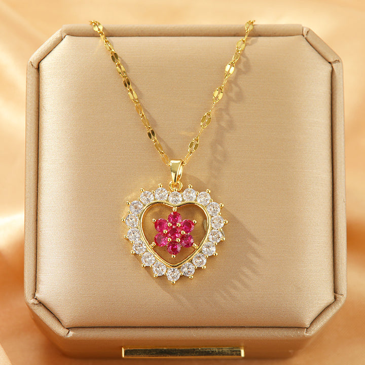 Design Loving Heart Zircon Flower Titanium Steel Necklace For Women