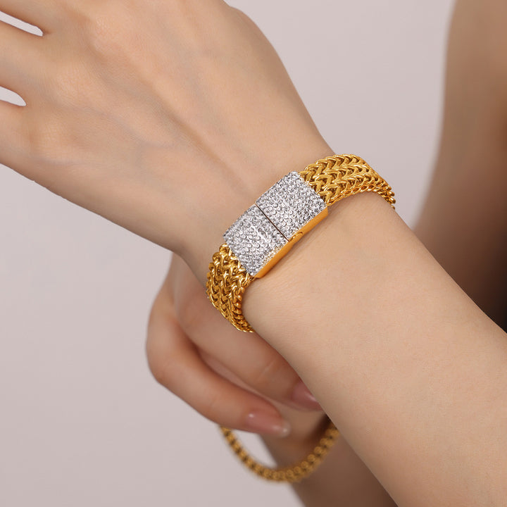 Lanț de ceasuri cu diamante placat din oțel pentru femei