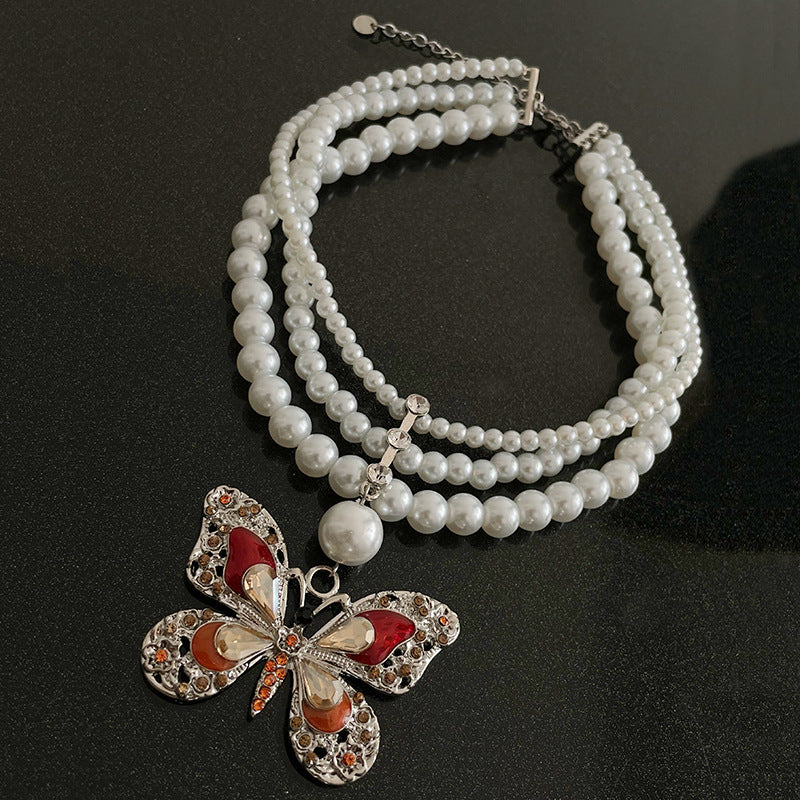 Französische mehrschichtige Perle Red Butterfly Halskette