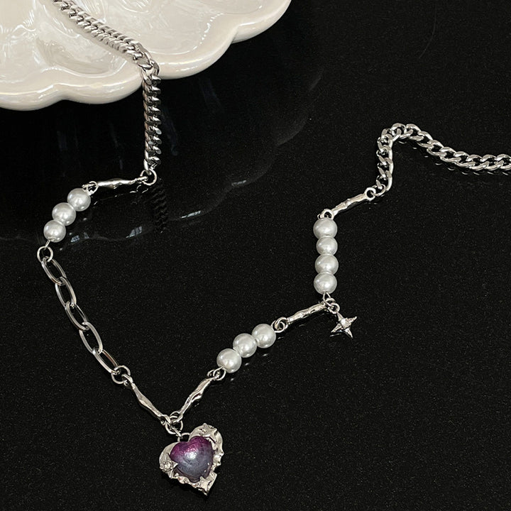 Purple Diamond Heart-shaped Multi-part Pearl Necklace For Women Light Luxury