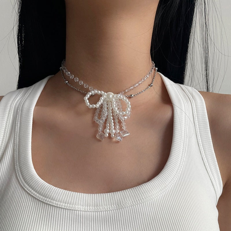 Crystal String Beads Bow Pearl Necklace