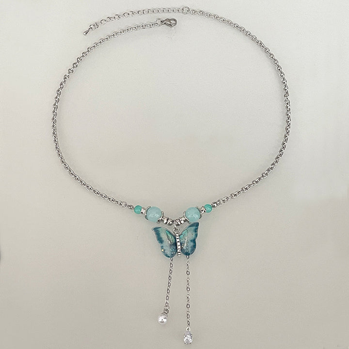 New Chinese Style Green Butterfly Beaded Tassel Necklace