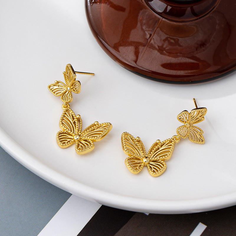 Silver Needle Butterfly Hollow Ear Stud Retro