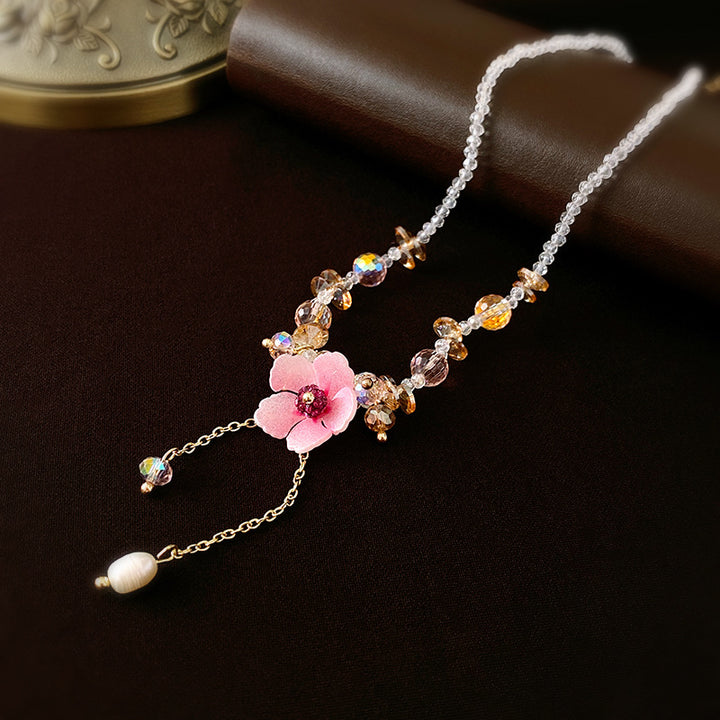 Female Crystal Diamond Flower Pearl Tassel Necklace