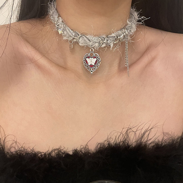 Heart Butterfly Tassel Plush Choker Necklace