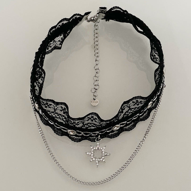 Black Lace Sun Asterism Necklace For Women