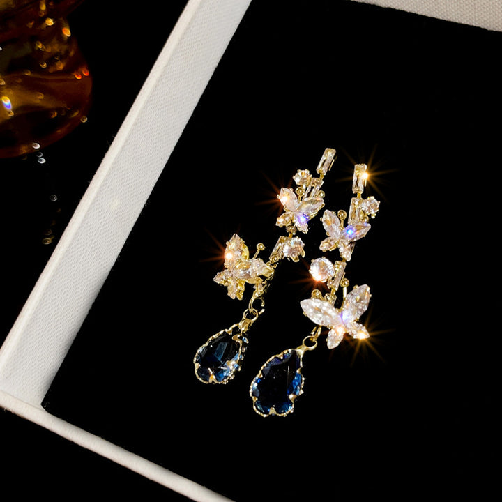 Silver Needle Zircon Butterfly Water Drop Earrings Fashion Tassel Design Earrings
