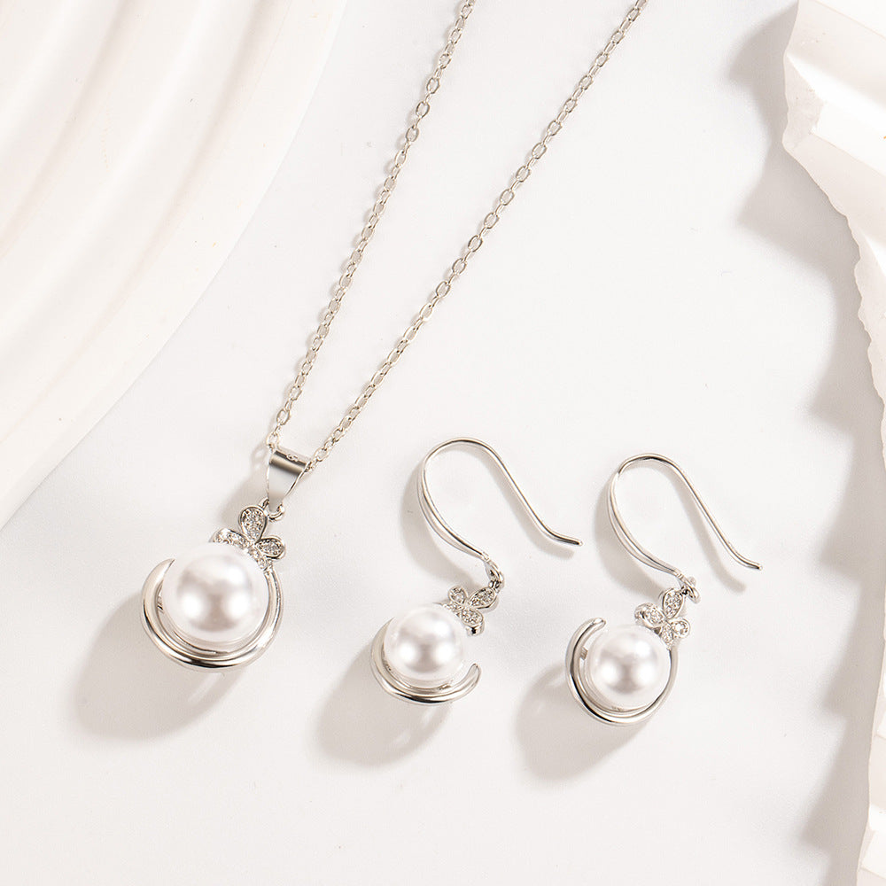 Simple Pearl Necklace Earrings Suit Women