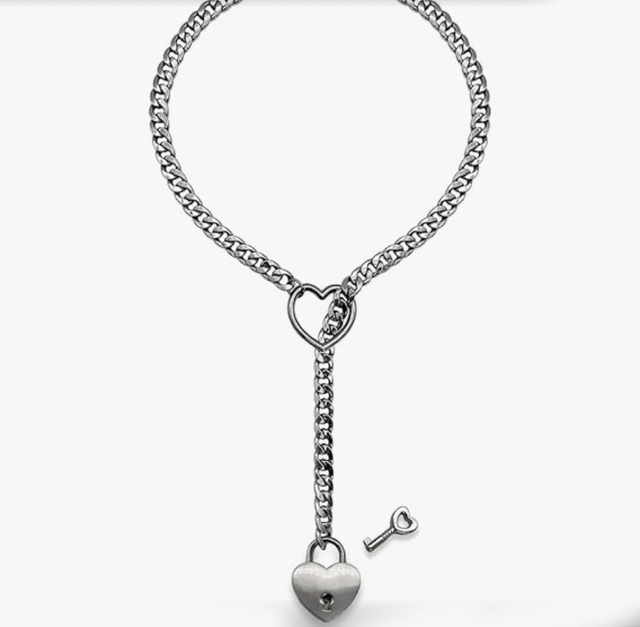 Stainless Steel Lariat Heart Necklace Personality Heavy Ring Cuban Long Chain Punk Rock Slipchain Choker Collar For Women Men