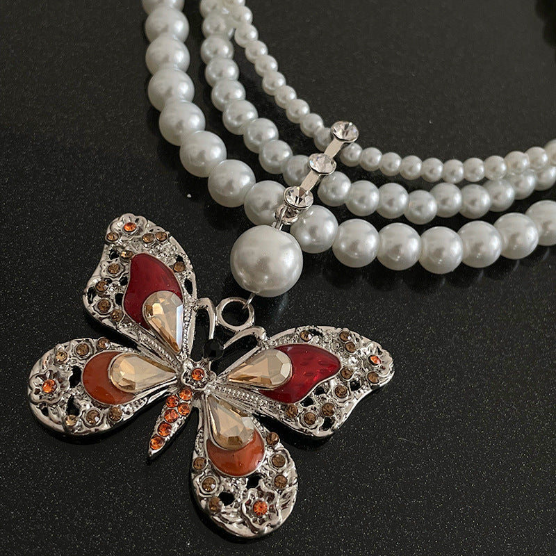 French Multi-layer Pearl Red Butterfly Necklace