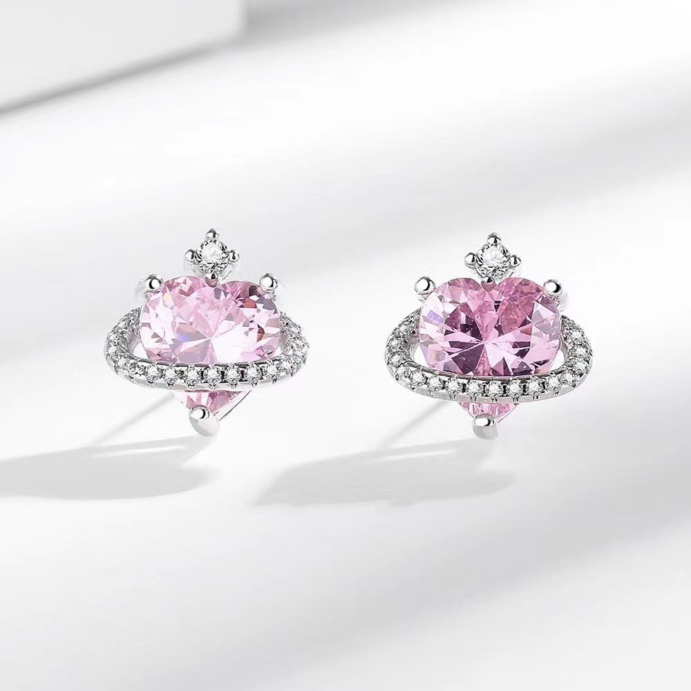 Heart Shape With Diamond Women's Zircon Earrings Silver Plated