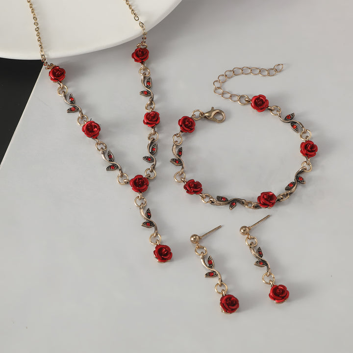 Vintage Rose Bracelet Necklace Three-piece Earrings Set