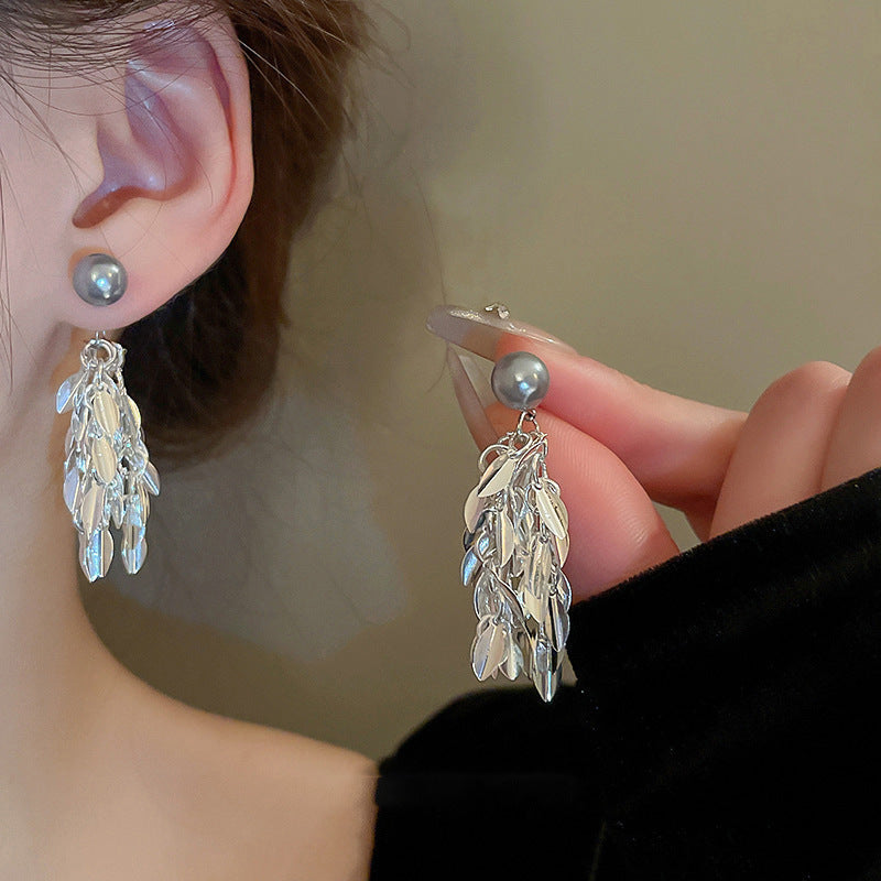 Sparkling Gray Pearl Tassel Earrings