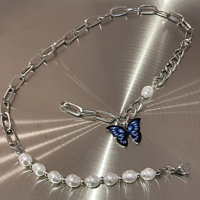 Blue Butterfly Stitching Pearl Necklace