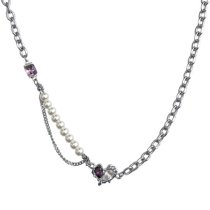Sweet Cool Purple White Diamond Heart-shaped Multi-part Pearl Necklace