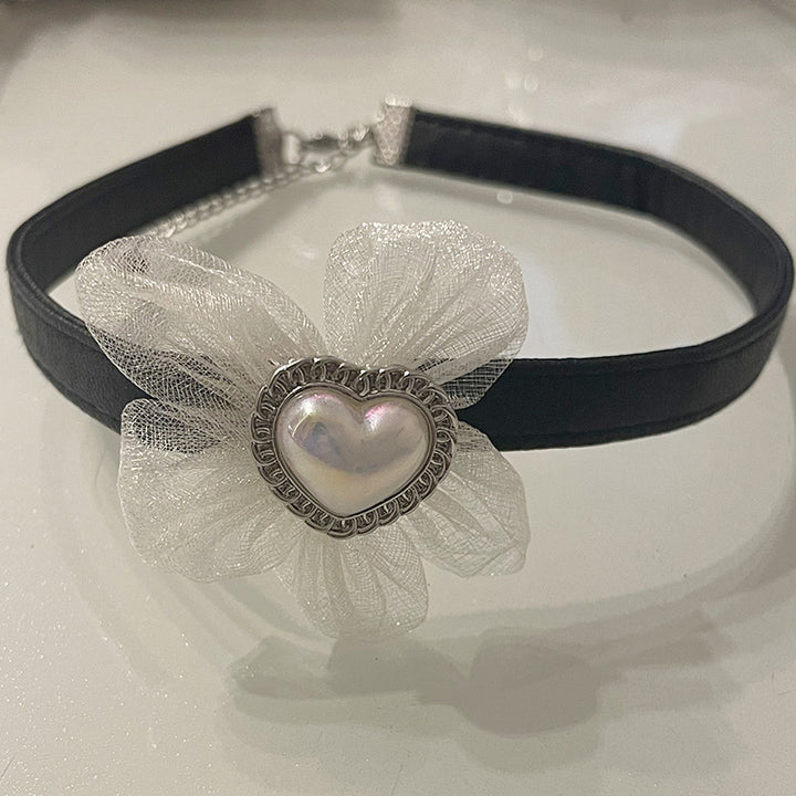 White Flower Love Heart Neckband Necklace