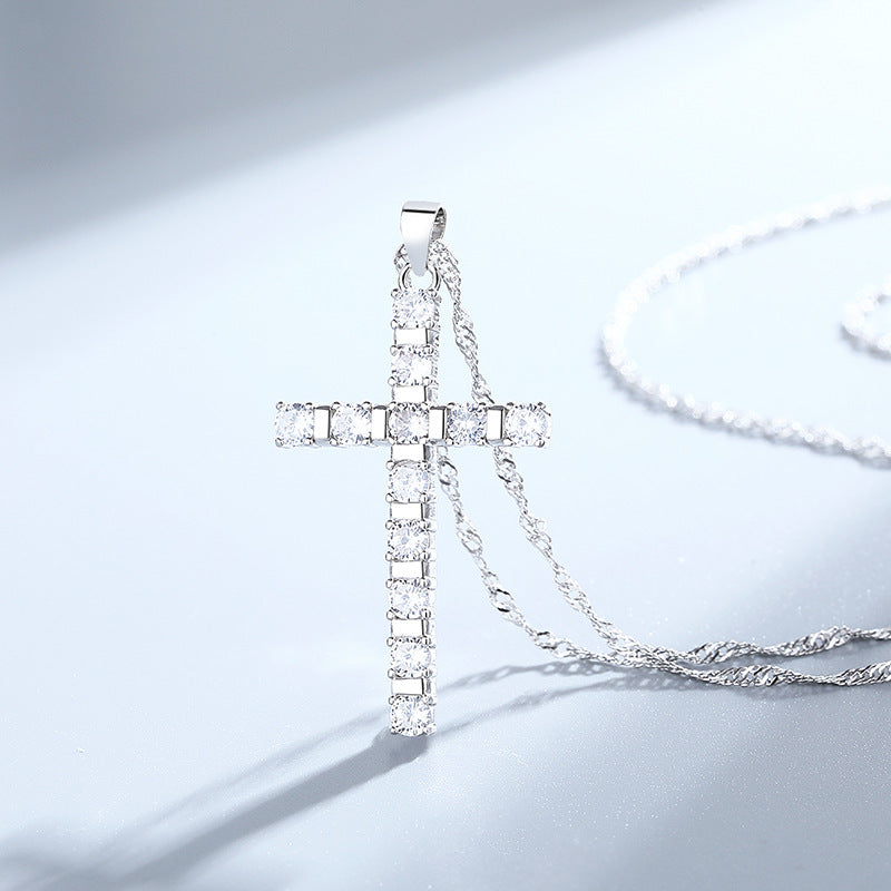 S925 Sterling Silver European y American Hip Hop Style Diamante Cross Cross Cross Cross Hipster Single Fila Diamante con cadena de ondas de agua