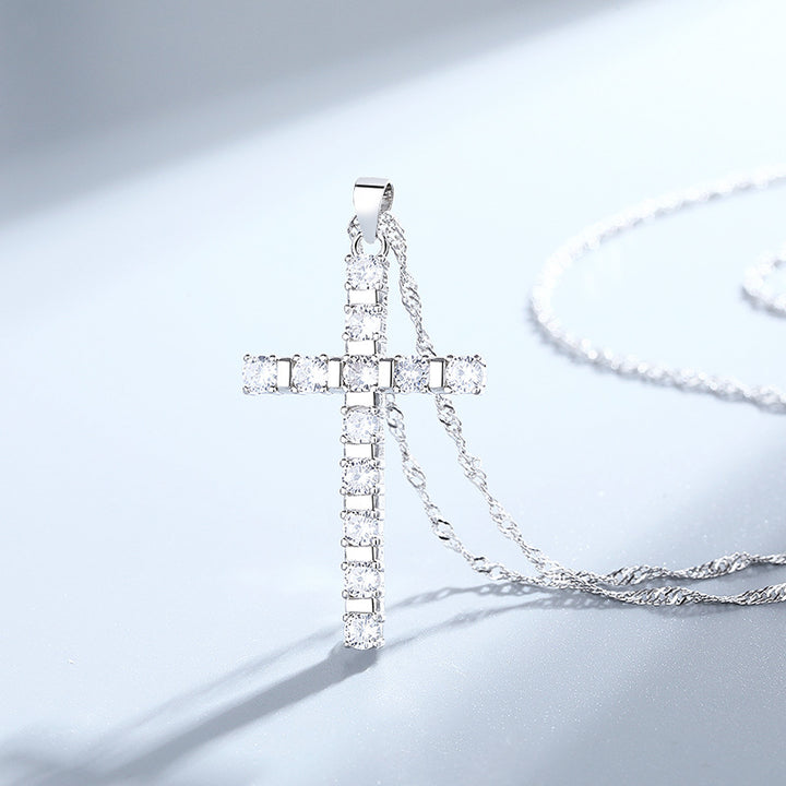 S925 Sterling Silver European och American Hip Hop Style Full Diamond Cross Pendant Hipster Single Row Diamond With Water Wave Chain