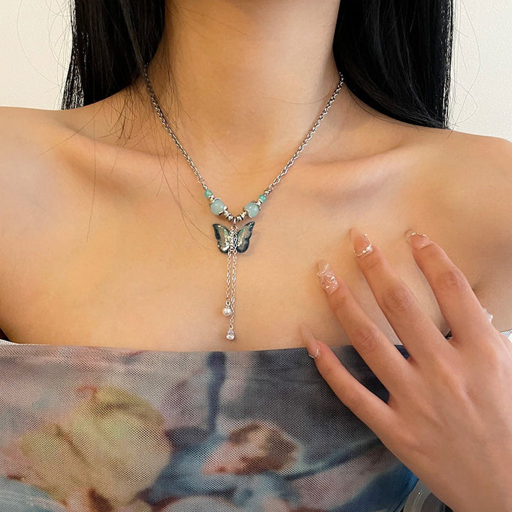 Neue chinesische Stilgrüne Schmetterling Perlen Quaste Halskette