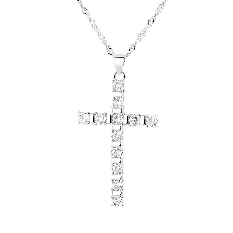 S925 Sterling Silver European och American Hip Hop Style Full Diamond Cross Pendant Hipster Single Row Diamond With Water Wave Chain