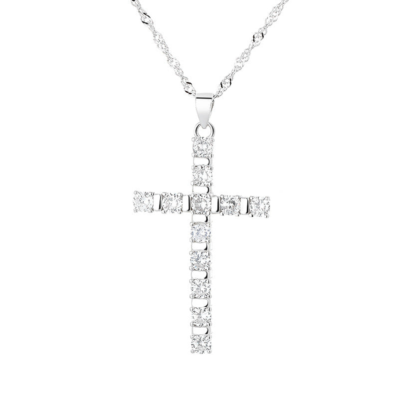 S925 Sterling Silver European y American Hip Hop Style Diamante Cross Cross Cross Cross Hipster Single Fila Diamante con cadena de ondas de agua