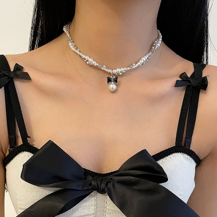 Bow Stitching Pearl Double-layer Winding Necklace Female Special Interest Light Luxury Y2g Hot Girl Sweet Cool Clavicle Chain Ornament