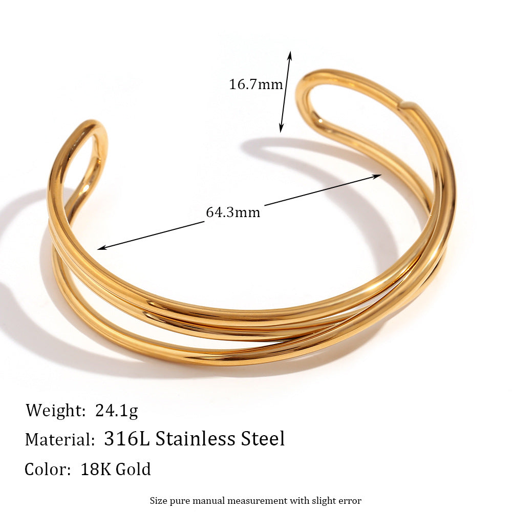 Rustfritt stål 18K gullbelegg nisje tre-lags svingete åpne armbånd hunn
