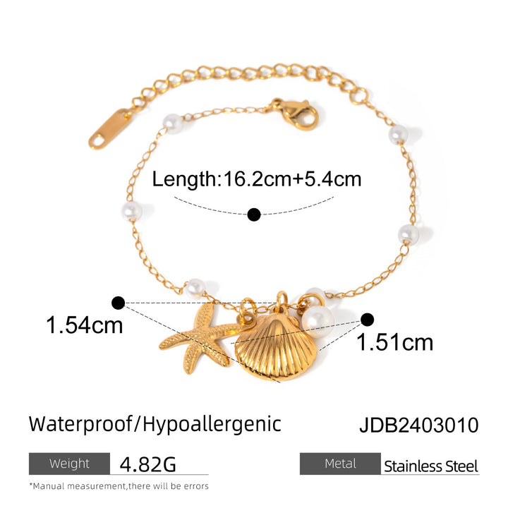 Fashion Jewelry 18K Gold Stainless Steel Pearl Chain Summer Holiday Shell Starfish Pendant Bracelet