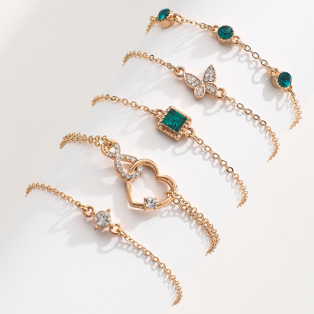 البوهيمي 5 قطعة كريستال أخضر طقم مجوهرات أساور للنساء سوار على شكل قلب الزفاف المشاركة سوار مجوهرات الأزياء