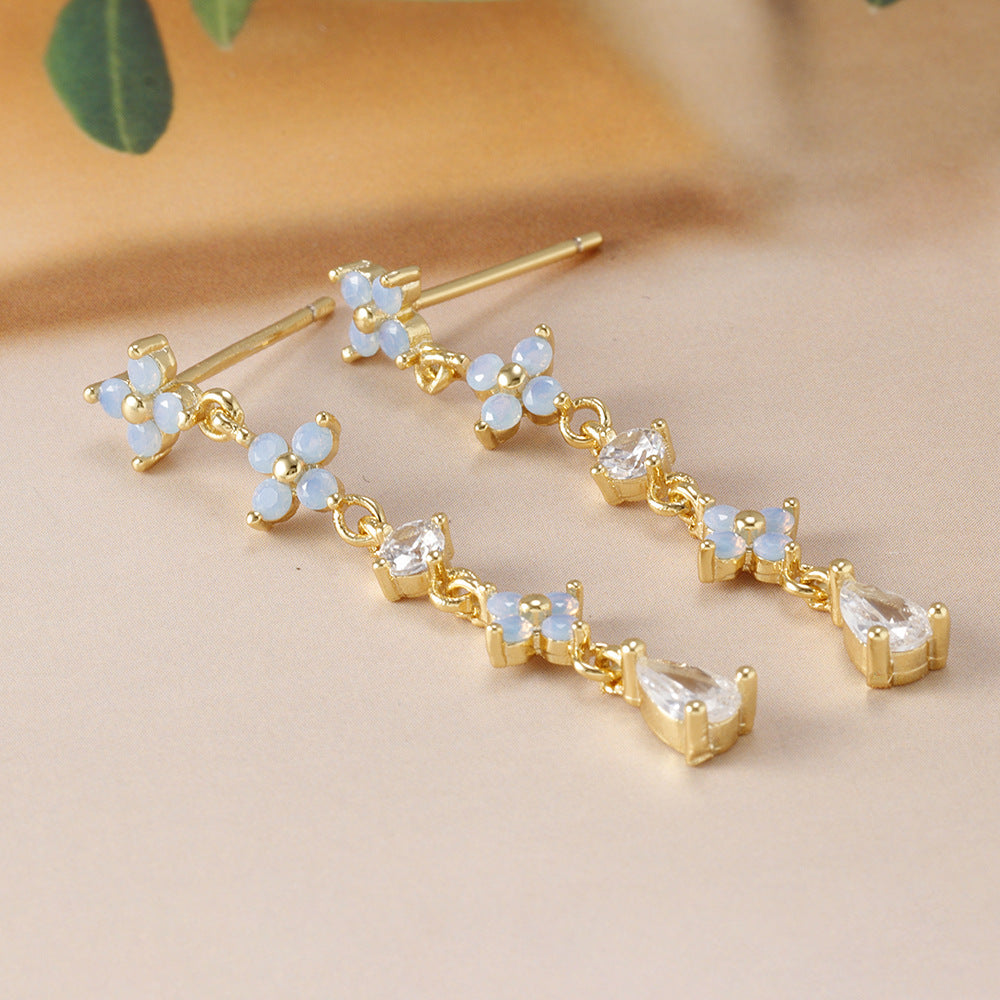 Blue Flower Ear Studs Copper Plating Inlaid Zirconium