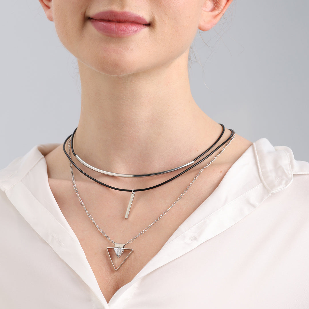 European And American Twin Multi-layer Cowhide String Geometric Triangle Zircon Pendant Necklace