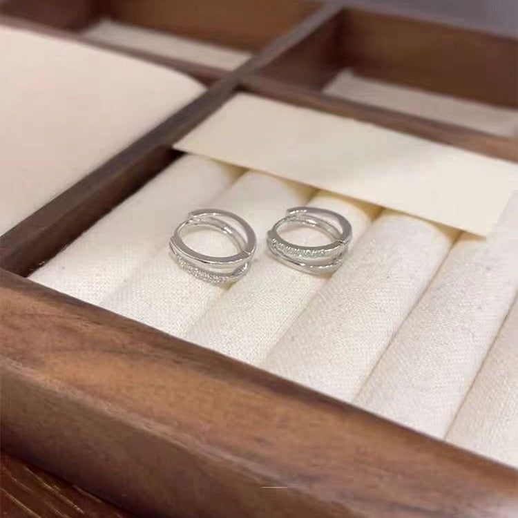 Cercei cu inel cu două straturi cu inel de argint cu diamante