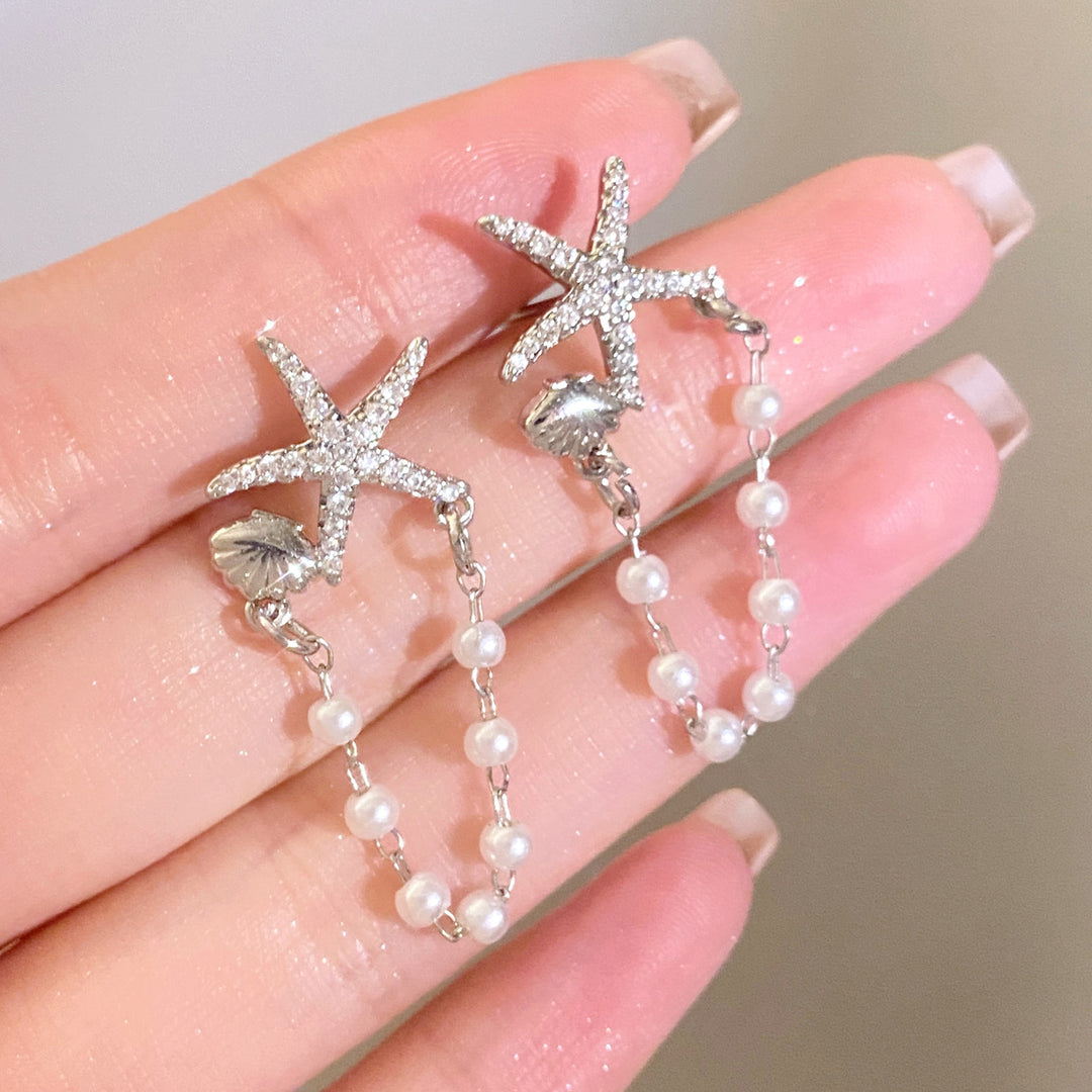 Fashion Diamond Starfish Shell  Pearl Earrings