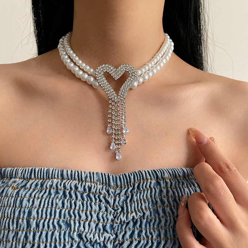 Collar de perlas de costura del corazón amoroso totalmente joyado