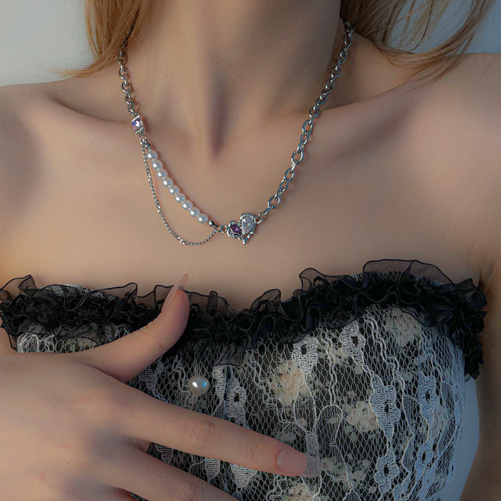 Sweet Cool Purple White Diamond Heart-shaped Multi-part Pearl Necklace