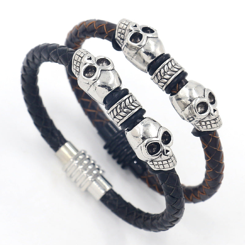 Men's Vintage Alloy Skull Woven Leather String Bracelet