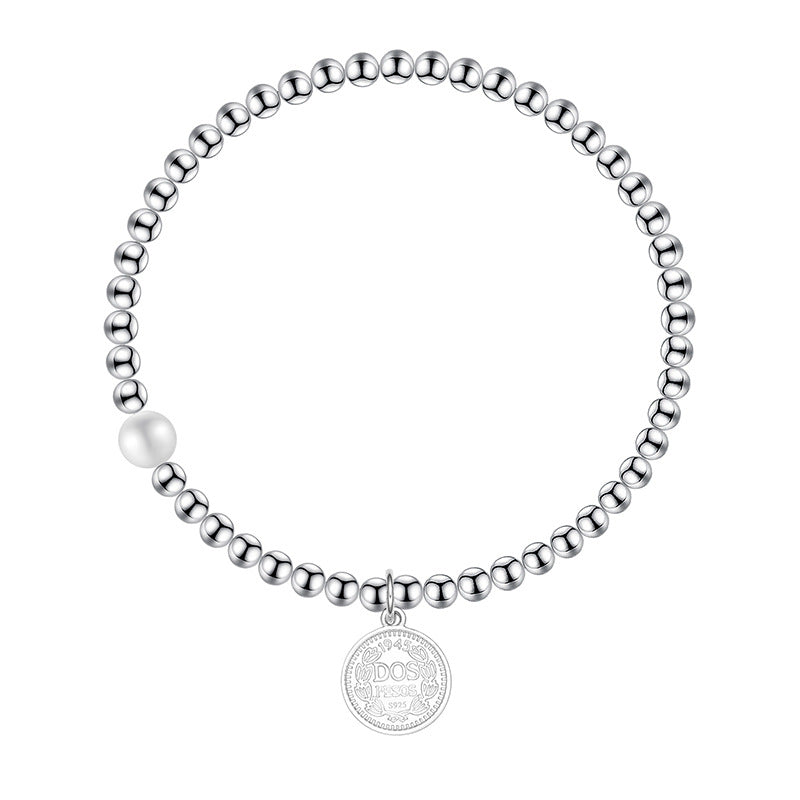S925 Sterling Silver Bracelet Female Round Brand Portrait Round Beads Elastic