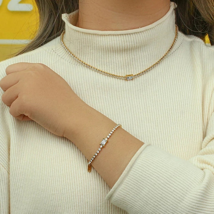 18k echt goud vergulde vierkante zirkoon tennisketen armband ketting