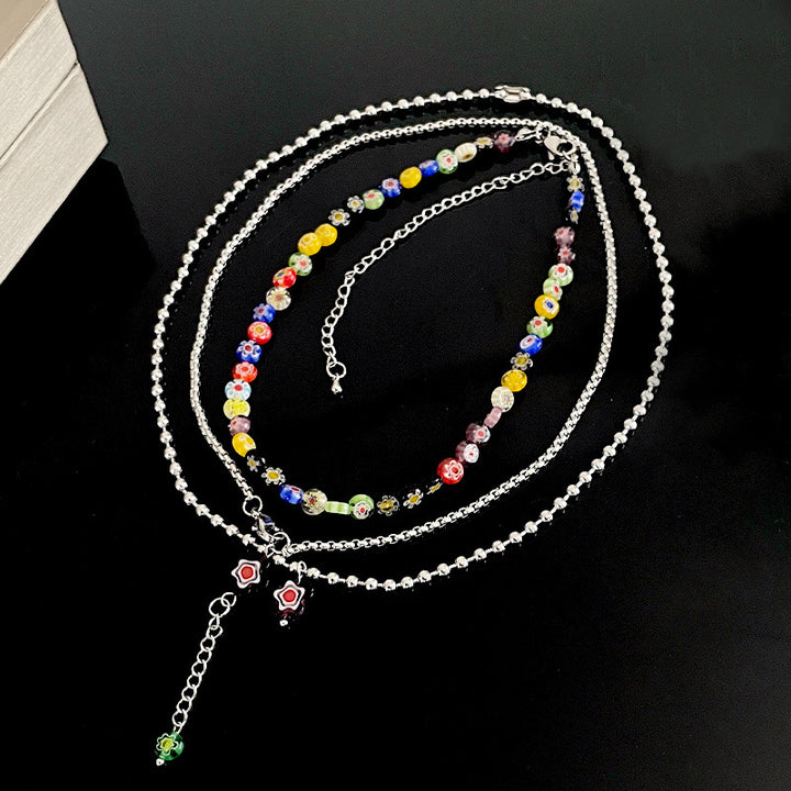 Three-piece Glass Flower Twin Titanium Steel Necklace