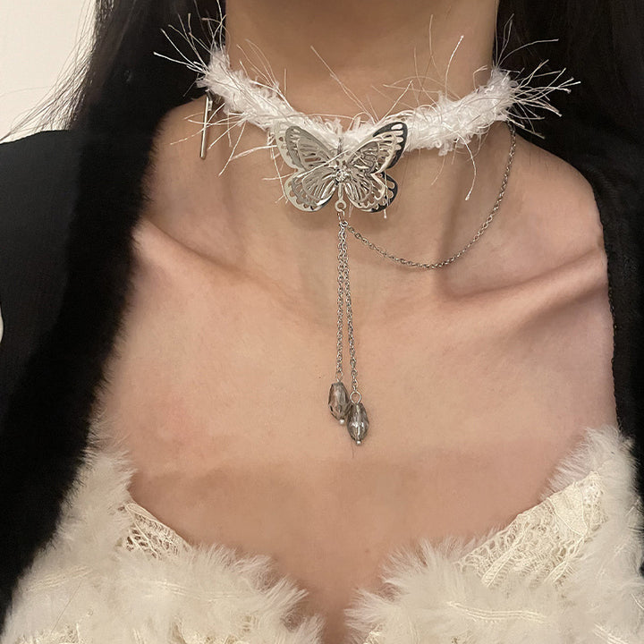 White Plush Choker Butterfly Water Drop Tassel Necklace
