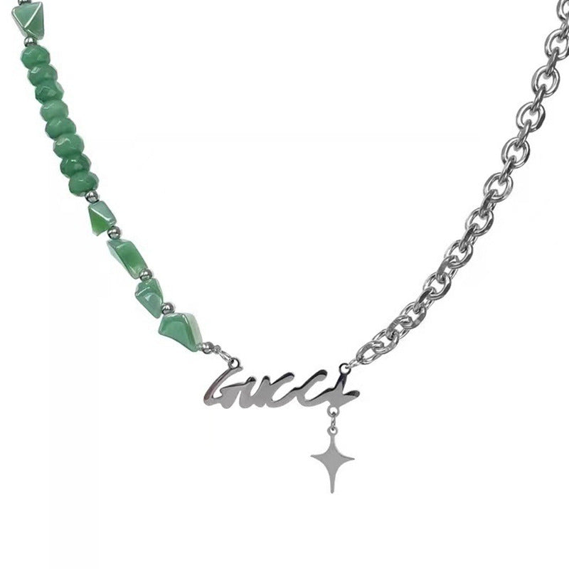 Titanium Steel Letter Splicing Green Stone Cross Necklace Female Light Luxury Minority Ins Hip Hop Sweet Cool Non-fading Clavicle Chain