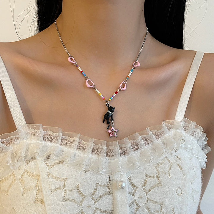 Collana colorata di gatti a forma di cuore a forma di cuore con perline