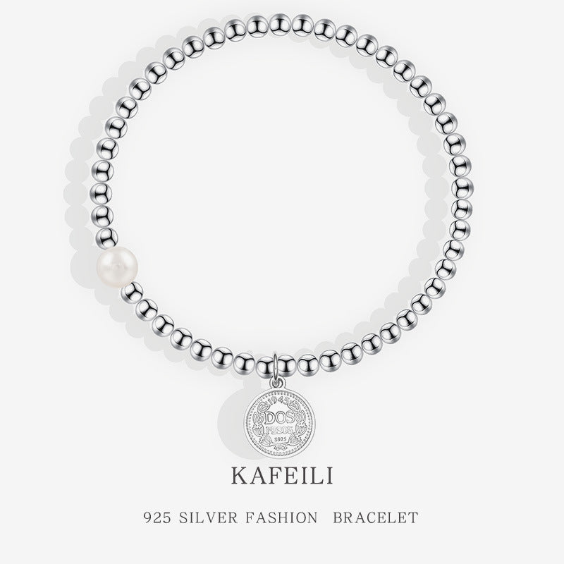 S925 Sterling hopearannekoru Naisten pyöreä brändi muotokuva pyöreä helmet joustavat