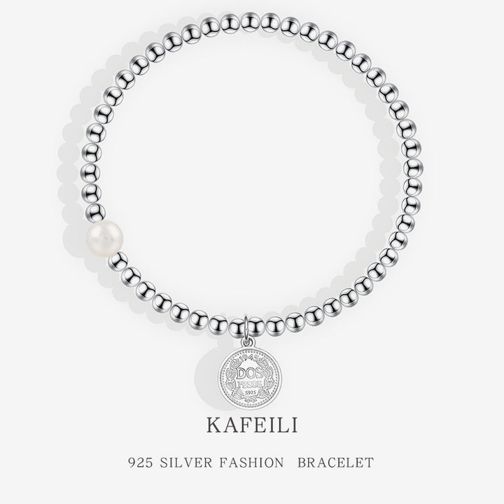 S925 Sterling hopearannekoru Naisten pyöreä brändi muotokuva pyöreä helmet joustavat