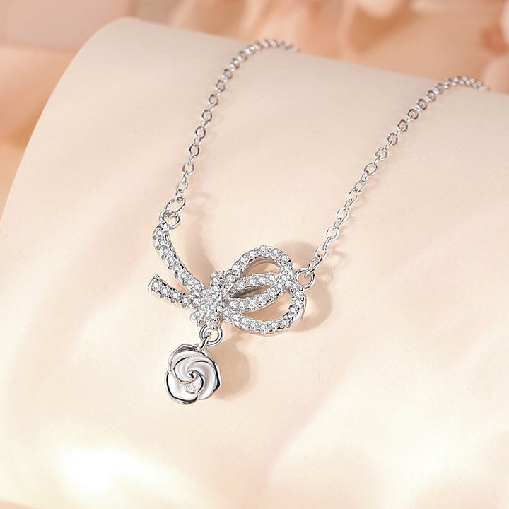 S925 Silver Diamond Bow Necklace Fimbrilla Ornament