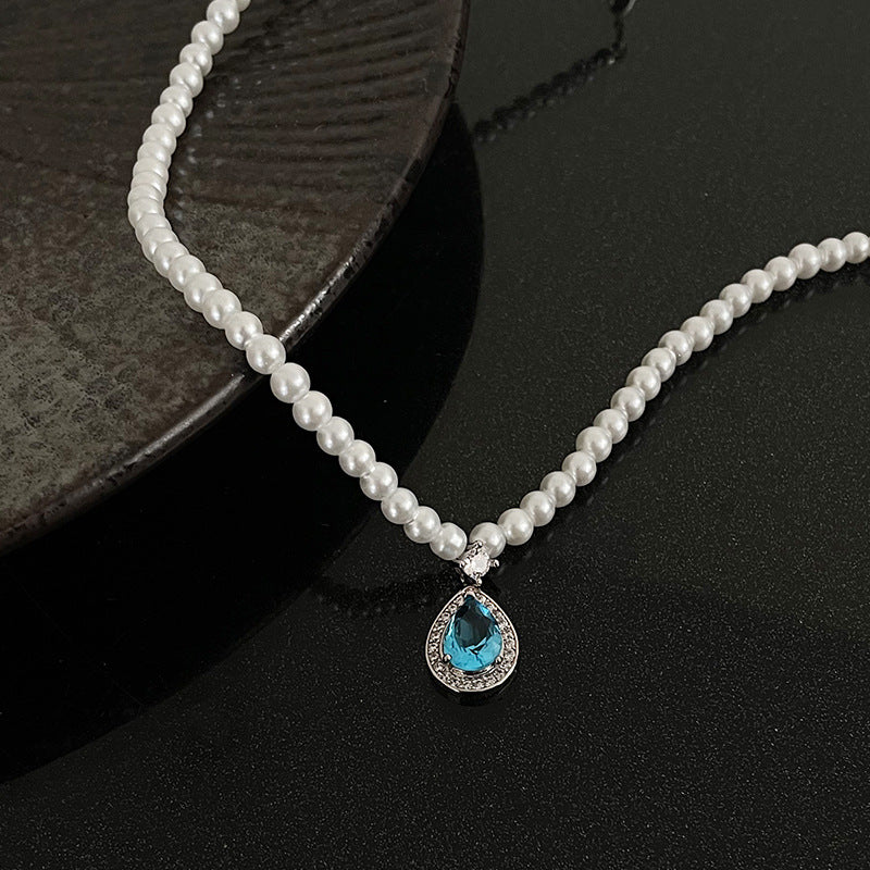 Blue Zircon Water Drops Stitching Pearl Necklace