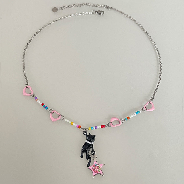 Buntes perlenförmige herzförmige mehrteilige Katzensterne Halskette